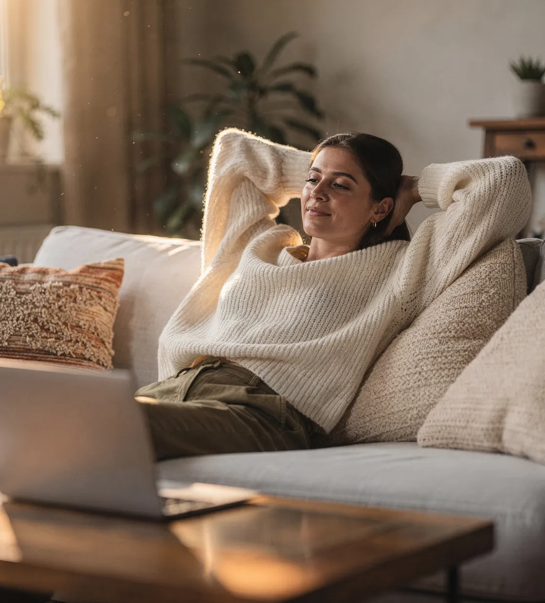 A relaxed young Canadian leaning back on her couch with a satisfied smile, laptop set aside — taxes just filed